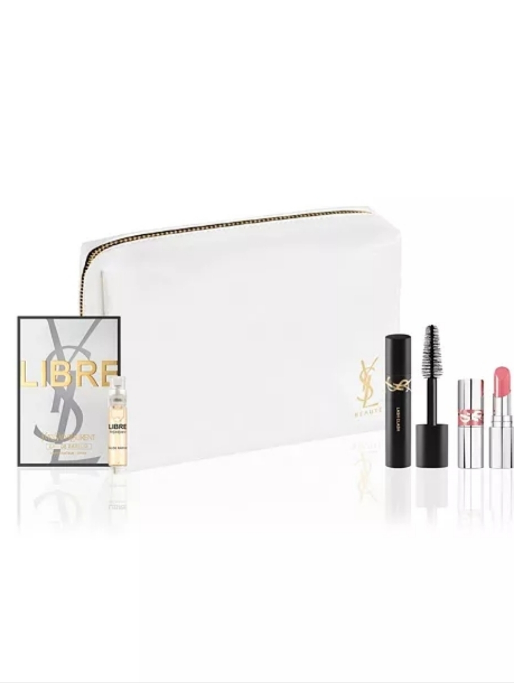 Yves Saint Laurent White Cosmetic Pouch with Black Mascara & Pink Lipstick Gift